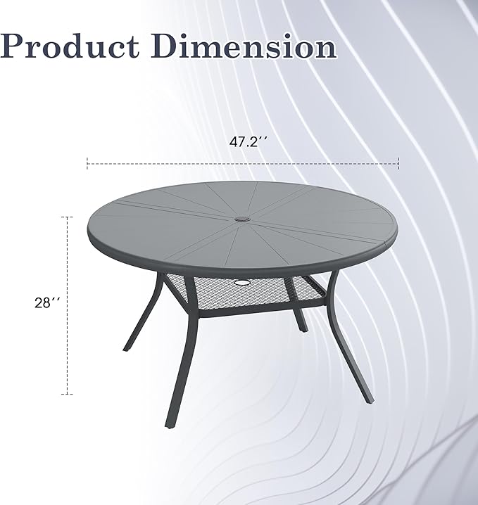 Outdoor Patio Round Dining Table for 6, 47.3" x 47.3" Sleek Aluminum Dining Table with Umbrella Hole for Backyard Garden Lawn Deck, Dark Grey