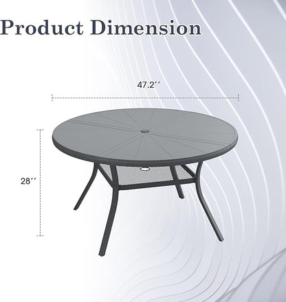 Outdoor Patio Round Dining Table for 6, 47.3" x 47.3" Sleek Aluminum Dining Table with Umbrella Hole for Backyard Garden Lawn Deck, Dark Grey