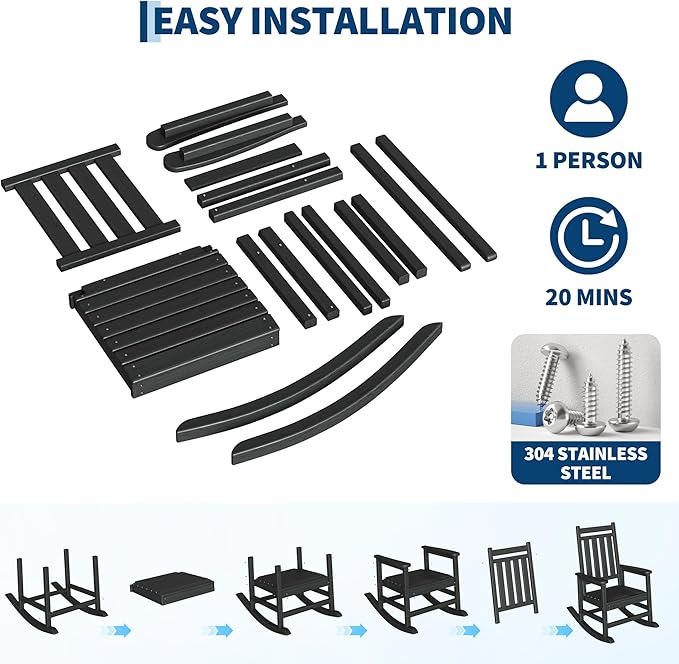 HDPE Rocking Chair Outdoor Set of 2 - Poly High Back Porch Rocker Chairs for Adults - All Weather Resistant Furniture for Patio Front Porch - Black