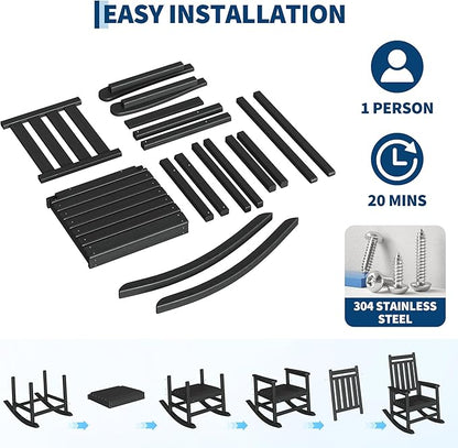 HDPE Rocking Chair Outdoor Set of 4 - Poly High Back Porch Rocker Chairs for Adults - All Weather Resistant Furniture for Patio Front Porch - Black