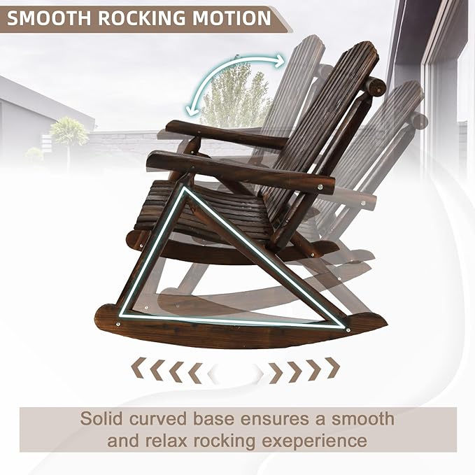 Outdoor Double Wooden Rocking Bench, Adirondack Porch Rocker Chair for 2 Persons, Patio Rustic Log Rocker Loveseat with High Slatted Seat & Backrest for Deck, Backyard, Garden, Carbonized