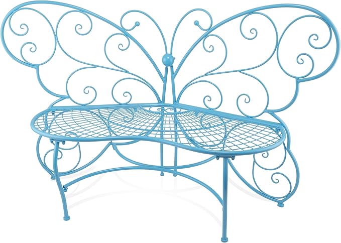 Alpine Corporation BAZ400BL Indoor Outdoor Metal Butterfly Shaped Garden Bench, 62" Long, Blue - Photo 9
