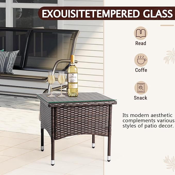VINGLI Outdoor Wicker Side Table Patio Side Tables for Outside, Tempered Glass Top Wicker Table End Table for Balcony Porch Deck, Brown