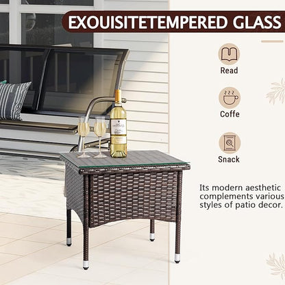 VINGLI Outdoor Wicker Side Table Patio Side Tables for Outside, Tempered Glass Top Wicker Table End Table for Balcony Porch Deck, Brown