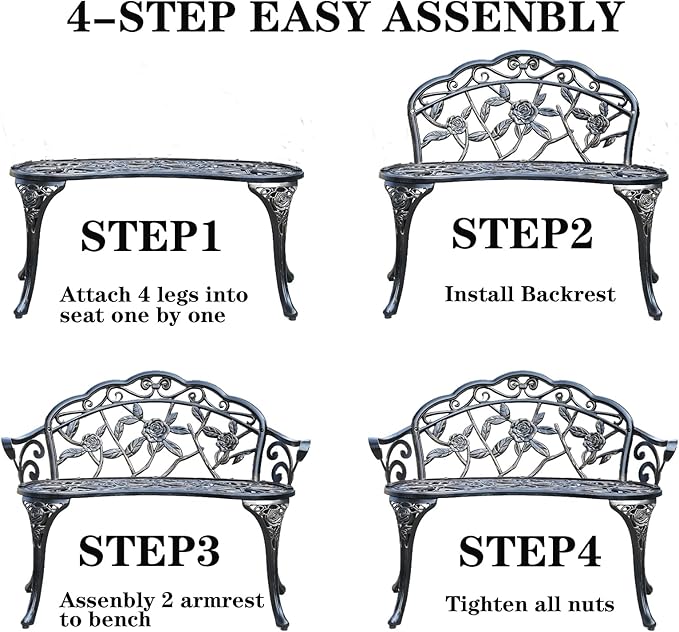 Cast Aluminium Outdoor Bench, Rose Garden Bench for Patio,Park,Lawn,Yard(Bronze)