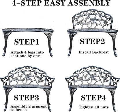 Cast Aluminium Outdoor Bench, Rose Garden Bench for Patio,Park,Lawn,Yard(Bronze)