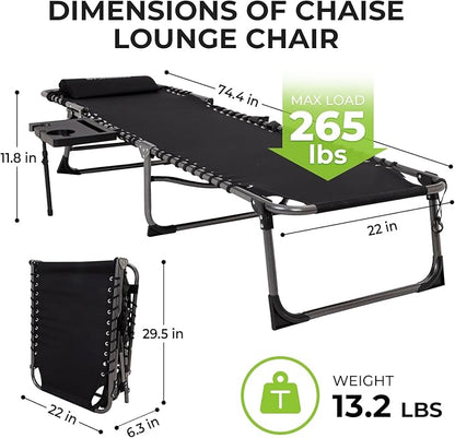 FUNDANGO Chaise Lounge Chair Outdoor, 5-Position Folding Tanning Chair with Detachable Side Table & Pillow, 180° Lay Flat Portable Beach, Heavy Duty U-Frame for Patio, Pool, Lawn, 265lbs (Black)