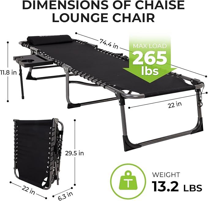 FUNDANGO Chaise Lounge Chair Outdoor, 5-Position Folding Tanning Chair with Detachable Side Table & Pillow, 180° Lay Flat Portable Beach, Heavy Duty U-Frame for Patio, Pool, Lawn, 265lbs（Black 2 pack）