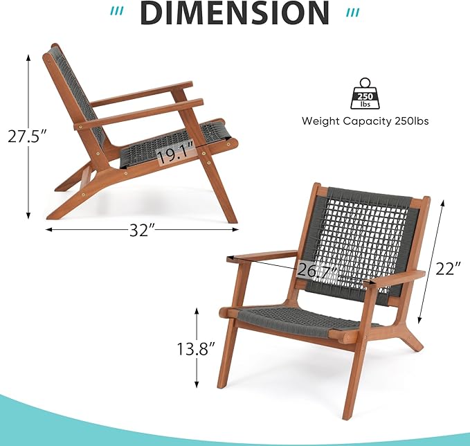 Verano Garden Modern Acacia Wood Lounge Chair Set of 2, Accent Armchair with Handwoven Rope for Living Room, Bedroom - Photo 8