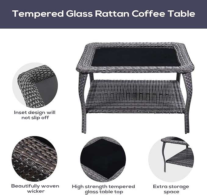 Belord Patio Furniture Set 6 Seats, Outdoor Swivel Rocker Patio Chairs, Oversized Outdoor Sectional Couch, Two 3-Seater Sofas with Coffee Table, Ideal for Porch, Deck, Gray Wicker/Blue