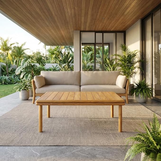 Brown Outdoor Patio Teak Wood Coffee Table, Solid Construction, Weather-Resistant Finish, Stylish Design for Garden, Deck, and Patio Use
