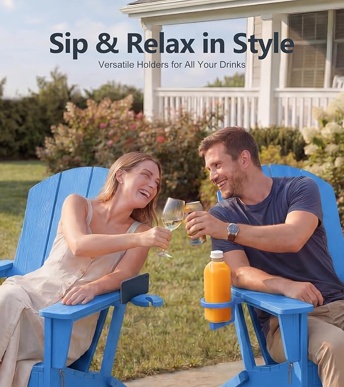 PASAMIC Adirondack Rocking Chairs Set of 2, Foldable All-Weather HDPE Patio Rockers with Retractable Ottoman & Cup Holder, Outdoor Chairs for Porch Backyard Pool Garden Balcony, Blue
