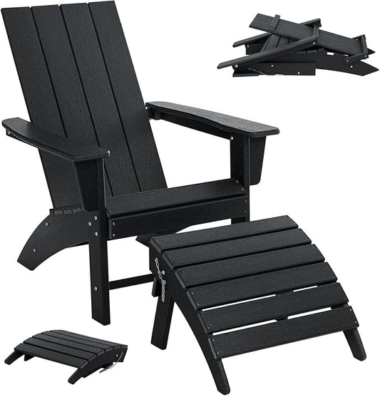 Folding Adirondack Chair with Ottoman Weather Resistant Foldable Fire Pit Chairs with Footrest HDPE Outdoor Adirondack Chair for Patio Front Porch Pool Garden Deck Fire Pit Outside, Black