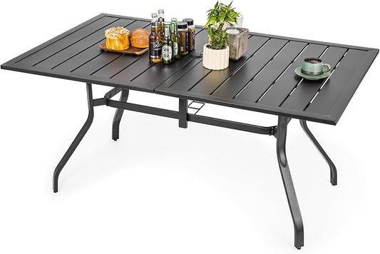 Sour Citrus Rectangular Outdoor Metal Patio Dining Table with Umbrella Hole, Weather-Resistant Table for Garden, Backyard and Deck, Black