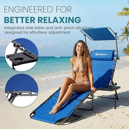 FUNDANGO Heavy Duty Tanning Chair with Face Hole & Canopy, 400lbs Beach Lounge Chair with Side Table, 5-Position Sun Lounger for Outdoor Patio Pool-Face Down Chaise with Anti-Pinch Safety Lock,Blue