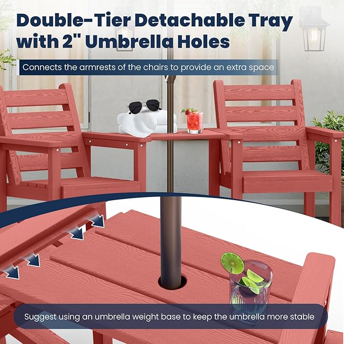 PLUUV Tall Adirondack Chairs Set of 2, All Weather HDPE Poly Bar Height Balcony Adirondack Chair with Removable Double Connecting Trays, Outdoor Adirondack Barstools for Deck, Patio, Yard, Pool, Lawn