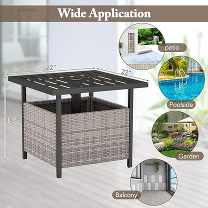 Giantex Outdoor Side Table with Umbrella Hole, 22" Wicker Umbrella Table with Stand and Base, Weather-Resistant PE Rattan Patio End Table for Deck Garden Poolside (Metal Tabletop, Light Gray)