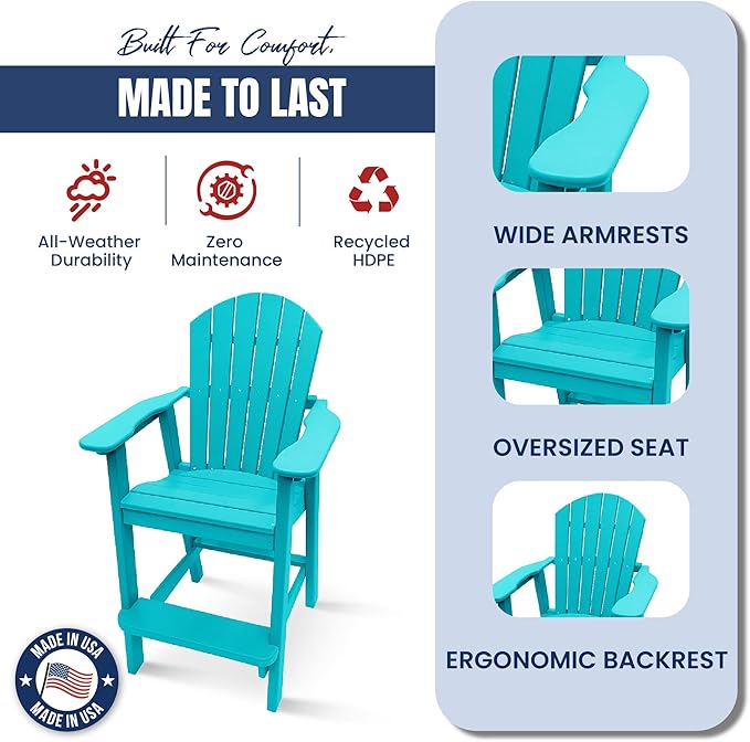 Phat Tommy Tall Adirondack Chair - HDPE Outdoor Furniture - Poly Adirondack Bar Stool - Heavy, Stress Free Furniture for Balcony, Deck, Patio, Front Porch, Teal