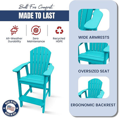 Phat Tommy Tall Adirondack Chair - HDPE Outdoor Furniture - Poly Adirondack Bar Stool - Heavy, Stress Free Furniture for Balcony, Deck, Patio, Front Porch, Teal