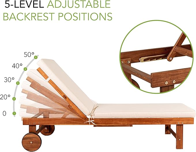 JONATHAN Y PAT1003A Seabrook 69 x 24 Inch Outdoor Acacia Wood Lounger with Cushion, 5-Position Back, Slide Table & Wheels for Garden, Lawn, Backyard, Pool, Deck, Beach, Firepit, Light Brown