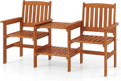 RELAX4LIFE Outdoor Loveseat with Built-in Table - Wood Patio Chairs w/Center Table & Umbrella Hole, 2-Person Garden Bench for Porch Deck Pool Balcony Backyard, 2-Seater Wooden Patio Furniture Set
