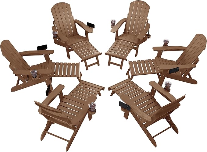 YEFU Adjustable Adirondack Chair with Retractable Ottoman Set of 6,Folding Adirondack Chair with 2 Cup-Holders, Outdoor Chairs with Footrest,Weather Resistant Fire Pit Chairs,for Patio Lawn(Teak)