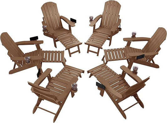 YEFU Adjustable Adirondack Chair with Retractable Ottoman Set of 6,Folding Adirondack Chair with 2 Cup-Holders, Outdoor Chairs with Footrest,Weather Resistant Fire Pit Chairs,for Patio Lawn(Teak)
