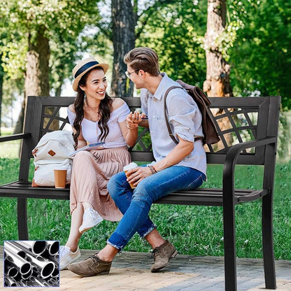 400 lbs Garden Bench, Outdoor Bench with Cast Iron Frame Metal Bench with Black Checkered Design Park Bench Furniture Bench Chair for Garden Patio Front Porch Lawn Balcony Entryway Backyard, Black