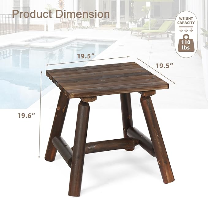 Outdoor Adirondack Log Side Table, 19.5" Thick Wooden Patio Square End Table with Slatted Tabletop, Solid Wood Rustic Accent Table for Indoor & Garden Deck Porch Balcony Backyard, Carbonized