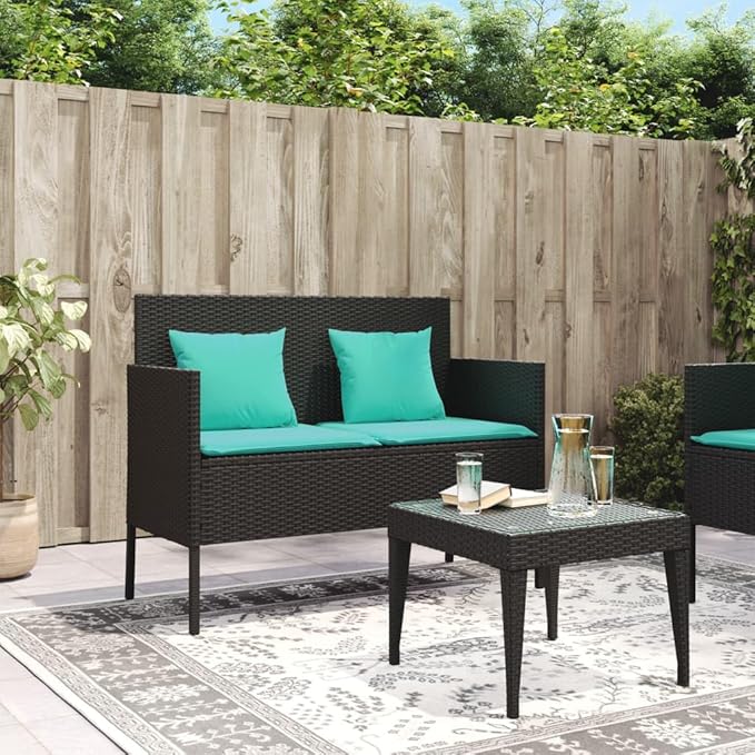 Garden Bench Deck Bench Patio Bench with Cushions Black Poly Rattan - Photo 3
