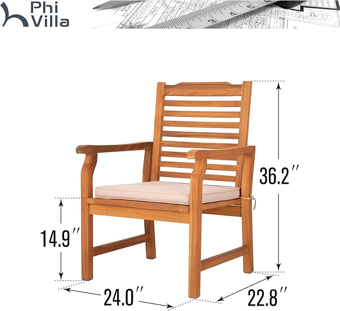 PHI VILLA 6 Pieces Acacia Wood Outdoor Dining Chairs with Cushions, Patio Wooden Armchairs Set of 6, Natural Teak Dining Chairs for Deck, Yard, Porch