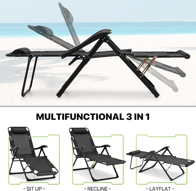 Magshion Lounge Chair Folding Patio Recliner, Outdoor Adjustable Dining Reclining Chairs with Adjustable Headrest & Foot Rest Cushion for Deck Patio Beach Yard, 330lbs Weight Capacity, Black