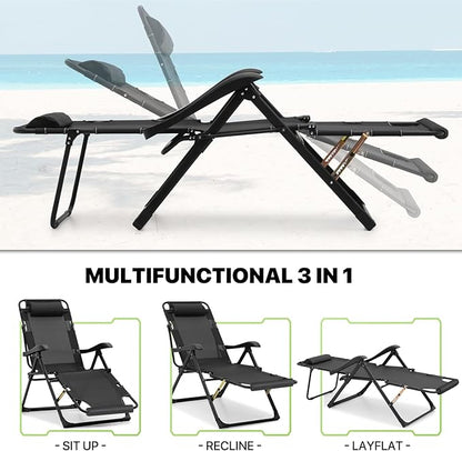 Magshion Lounge Chair Folding Patio Recliner, Outdoor Adjustable Dining Reclining Chairs with Adjustable Headrest & Foot Rest Cushion for Deck Patio Beach Yard, 330lbs Weight Capacity, Black