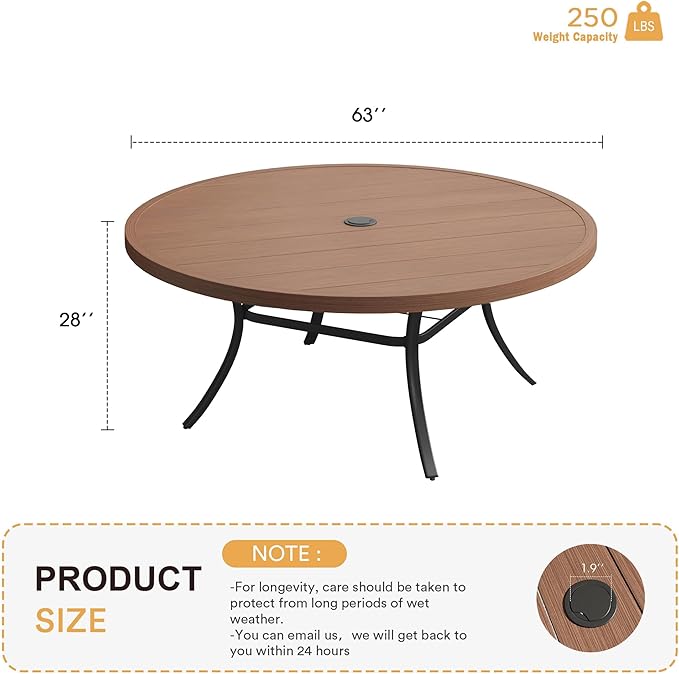 VICLLAX 63" Outdoor Round Patio Table with Umbrella Hole, All Weather Metal Round Outdoor Dining Table for Lawn Garden - Photo 3