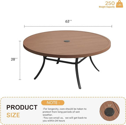 VICLLAX 63" Outdoor Round Patio Table with Umbrella Hole, All Weather Metal Round Outdoor Dining Table for Lawn Garden, 8-10 Person Table, Walnut Wood Grain
