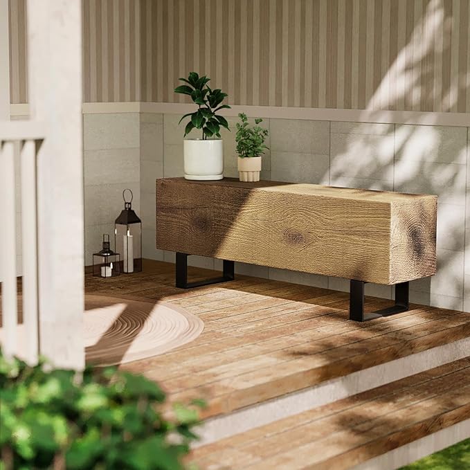 SUNBURY Outdoor Bench Garden Bench Wood 48", Patio Dining Bench for Outdoors, Garden Backless Bench Weatherproof, Anti-Rustic Metal Legs Front Porch Benches for Entryway, Lawn (Light Brown)