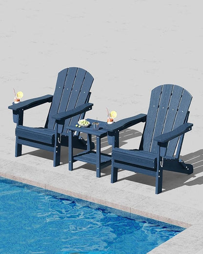 Garvee Folding Adirondack Chair Set of 6, HDPE Outdoor Patio Chair with Cup Holder, All Weather Resistent Wooden Textured for patios, Decks, Gardens, fire Pit, Navy Blue
