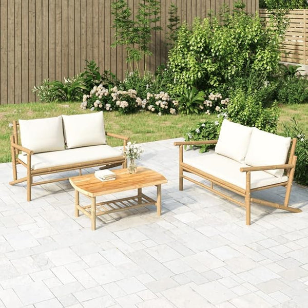 Outdoor Combination Sofa Terrace Furniture Set Garden Lounge Set Bamboo with Cream White Cushions - Photo 1