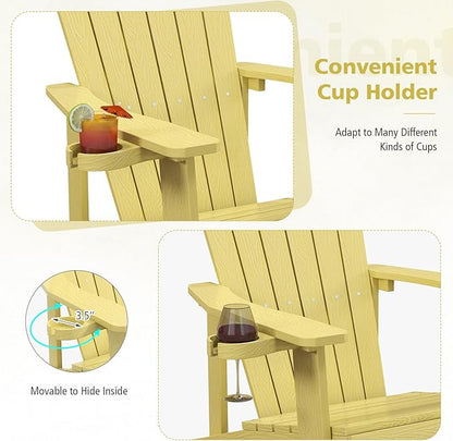Tangkula Oversized Adirondack Chair, Patio Lounge Chairs w/Adjustable Cup Holder, HIPS Armchairs Slatted Chair, Outdoor Weather Resistant Fire Pit Chair for Deck Backyard Garden Porch (4, Yellow)