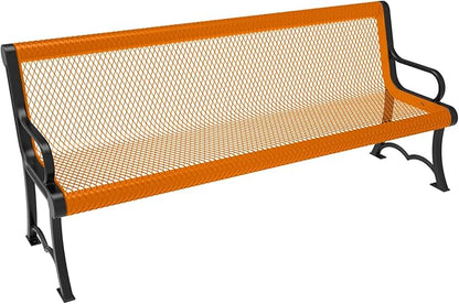 COATEDOUTDOORFURNITURE Coated Outdoor Furniture Heavy-Duty Outdoor Bench Thermoplastic Coated, Expanded Metal, Commercial-Grade Garden Bench, Made in America (Portable with Back, 6 Ft, Orange)