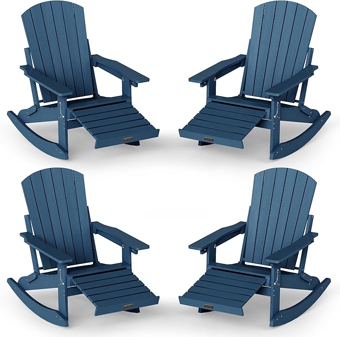 Adirondack Rocking Chair with Retractable Ottoman Set of 4, 4-in-1 Foldable Reclining Patio Chair, HDPE Wood-Look Outdoor Rocker for Porch, Garden & Poolside, Navy Blue
