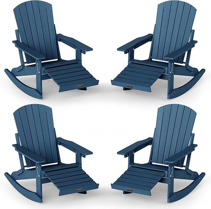 Adirondack Rocking Chair with Retractable Ottoman Set of 4, 4-in-1 Foldable Reclining Patio Chair, HDPE Wood-Look Outdoor Rocker for Porch, Garden & Poolside, Navy Blue