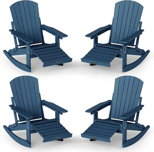 Adirondack Rocking Chair with Retractable Ottoman Set of 4, 4-in-1 Foldable Reclining Patio Chair, HDPE Wood-Look Outdoor Rocker for Porch, Garden & Poolside, Navy Blue