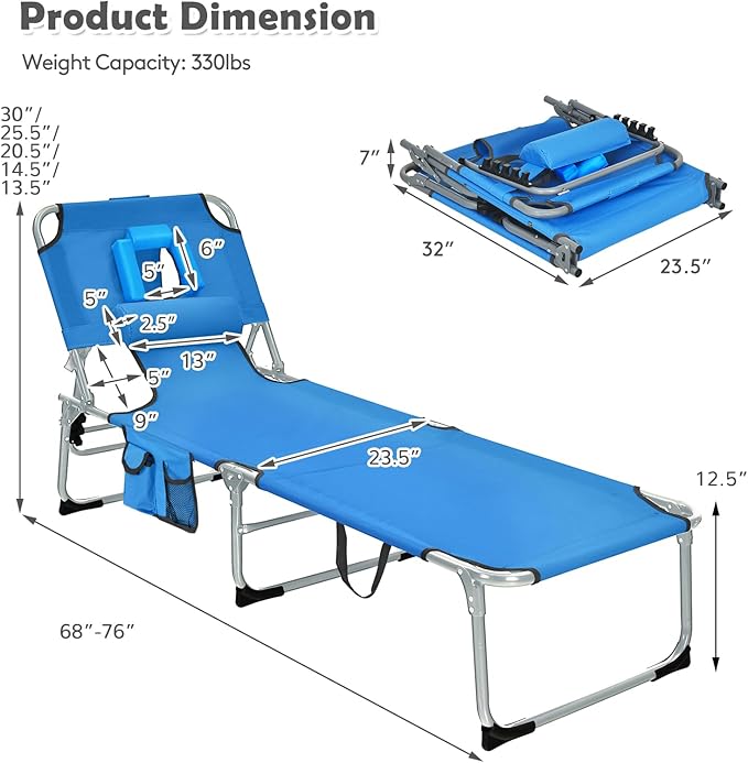 Tangkula Tanning Chair with Face Hole, Patio Folding Adjustable Reclining Beach Sunbathing Lounge Chair with Side Pocket - Photo 3