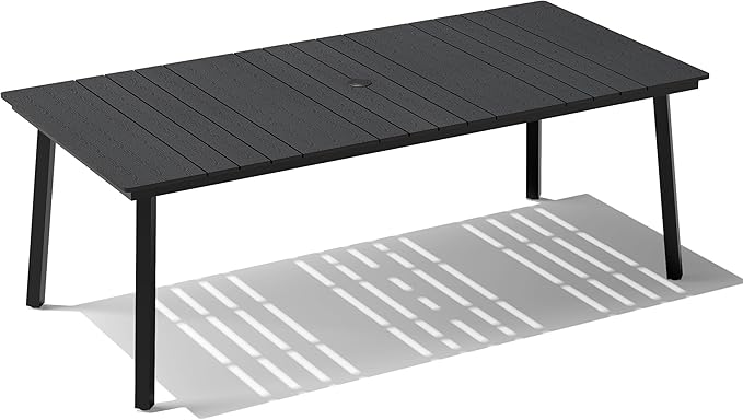 Crestlive Products Patio Dining Table for 6, 70 Inch Rectangular Outdoor Table with Wood-Like Tabletop Metal Frame Deck Table with 1.6" Umbrella Hole for Backyard, Balcony, Garden (Black)