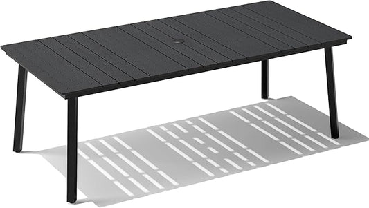 Crestlive Products Patio Dining Table for 6, 70 Inch Rectangular Outdoor Table with Wood-Like Tabletop Metal Frame Deck Table with 1.6" Umbrella Hole for Backyard, Balcony, Garden (Black)