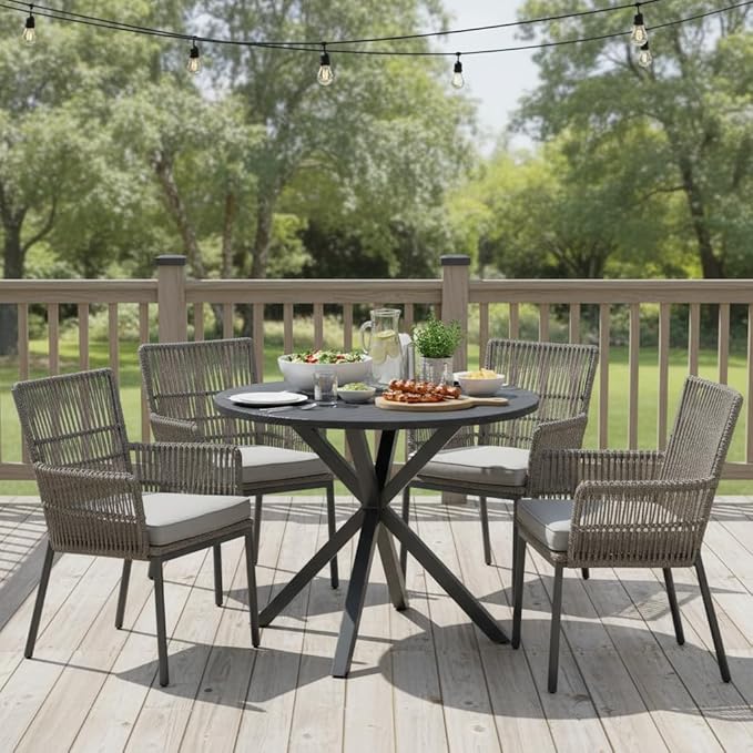 Tangkula 34-Inch Metal Round Patio Dining Table for 4, Heavy Duty Outdoor Metal Frame Dinner Table with Wood-Like Top & X-Shaped Legs, Outside Bistro Table for Deck, Balcony, Backyard, Lawn & Garden