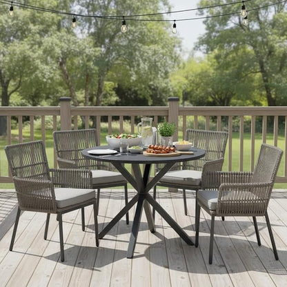 Tangkula 34-Inch Metal Round Patio Dining Table for 4, Heavy Duty Outdoor Metal Frame Dinner Table with Wood-Like Top & X-Shaped Legs, Outside Bistro Table for Deck, Balcony, Backyard, Lawn & Garden