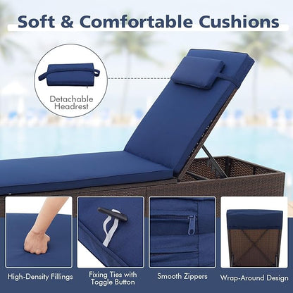 Tangkula Patio Chaise Lounge, Outdoor Rattan Lounge Chair w/ 6-Level Backrest, Comfy Seat Cushion & Headrest, Sturdy Metal Frame, Outside Reclining Chair for Backyard, Poolside (1, Navy)