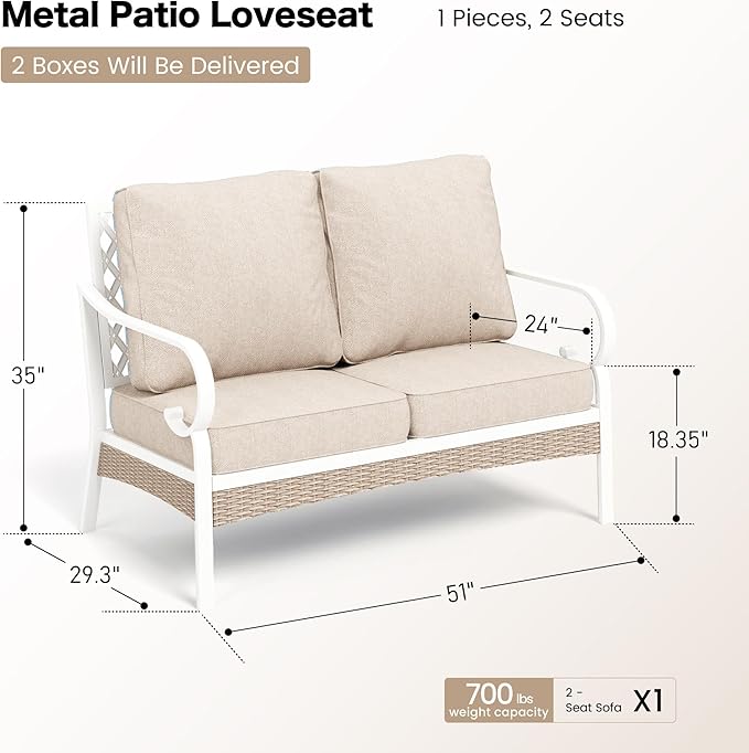 Metal Patio Furniture Loveseat Sofa with 5.75" Extra Thick Waterproof Cushion - Photo 2